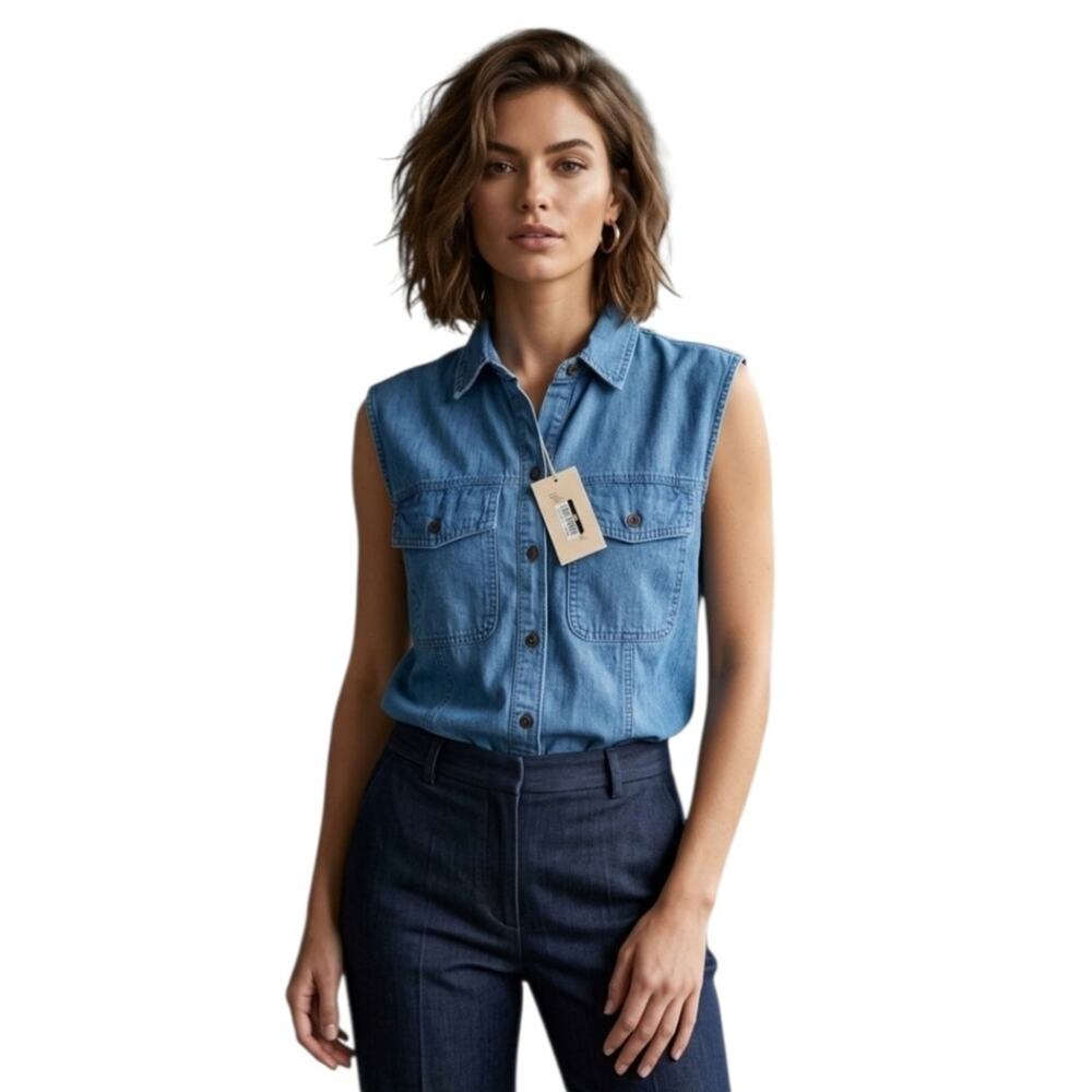 Universal Thread Blue Denim Sleeveless Button Down Shirt Vest Size XS Western.